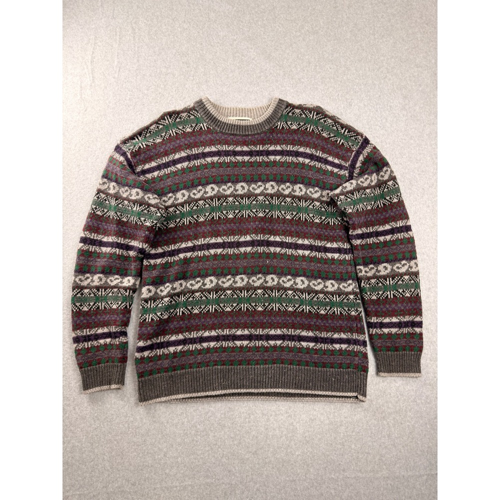 Vintage Studio Mens Fair Isle Crewneck Sweater Grey Green Ramie Cotton Size M